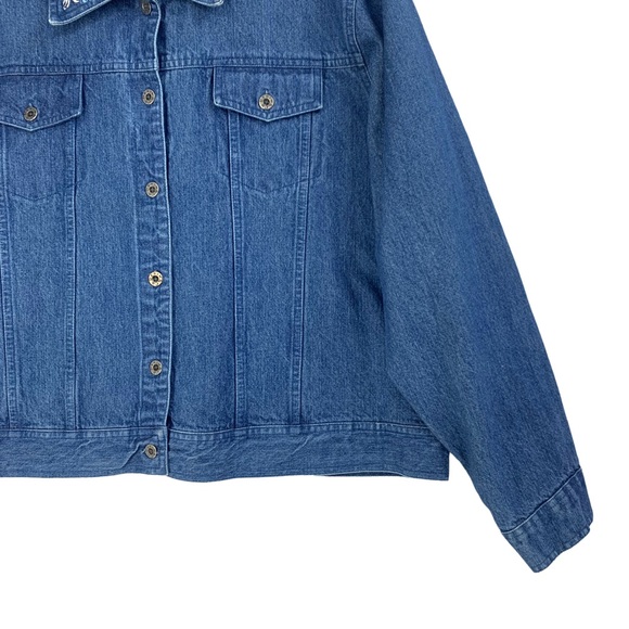 Hand Painted Blue Denim Jeans Jacket with Sugar Skull and Floral Motif - Picture 9 of 15